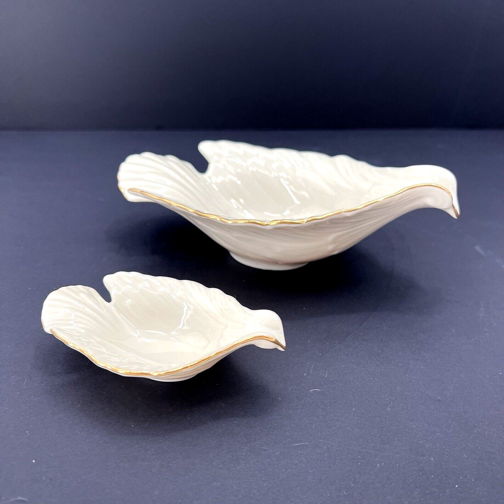 Set of 2 Lenox China Dove Bird Shaped Nut Bowls Candy Dish Ivory Cream Gold Trim - Picture 2 of 8
